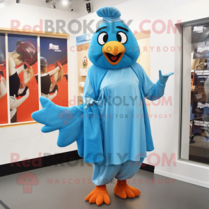 Sky Blue Butter Chicken mascot costume character dressed with a Shift Dress and Belts