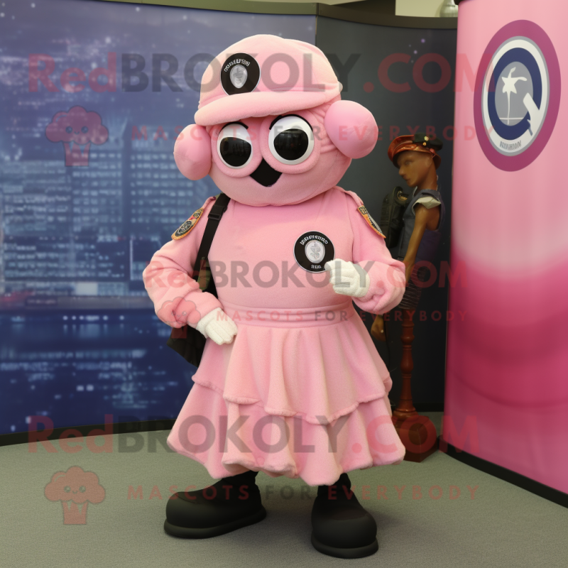 Pink Special Air Service mascot costume character dressed with a Dress and Rings