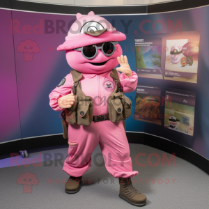 Pink Special Air Service mascot costume character dressed with a Dress and Rings