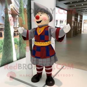 Gray Swiss Guard mascot costume character dressed with a Flannel Shirt and Suspenders