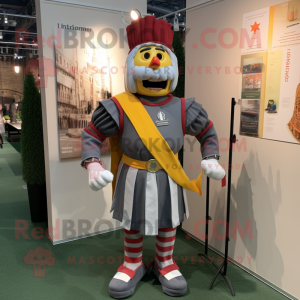 Gray Swiss Guard mascot costume character dressed with a Flannel Shirt and Suspenders