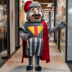 Gray Swiss Guard mascot costume character dressed with a Flannel Shirt and Suspenders