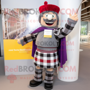 Gray Swiss Guard mascot costume character dressed with a Flannel Shirt and Suspenders