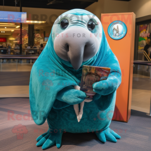Teal Walrus mascot costume character dressed with a Sweater and Shawl pins