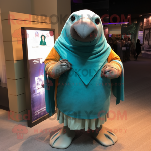 Teal Walrus mascot costume character dressed with a Sweater and Shawl pins