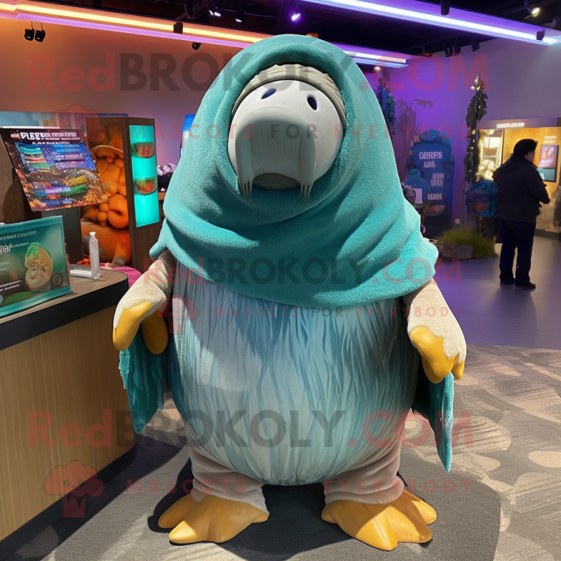 Teal Walrus mascot costume character dressed with a Sweater and Shawl pins