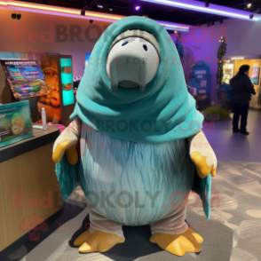 Teal Walrus mascot costume character dressed with a Sweater and Shawl pins