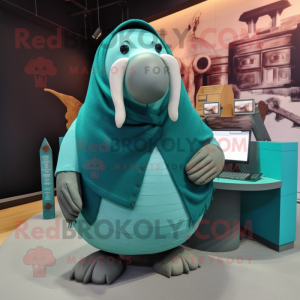 Teal Walrus mascot costume character dressed with a Sweater and Shawl pins