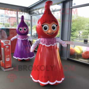 Lavender Bottle Of Ketchup mascot costume character dressed with a A-Line Dress and Brooches