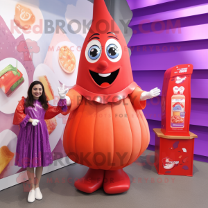 Lavender Bottle Of Ketchup mascot costume character dressed with a A-Line Dress and Brooches
