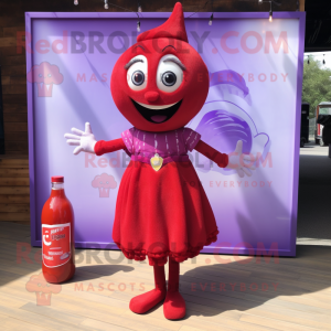 Lavender Bottle Of Ketchup mascot costume character dressed with a A-Line Dress and Brooches