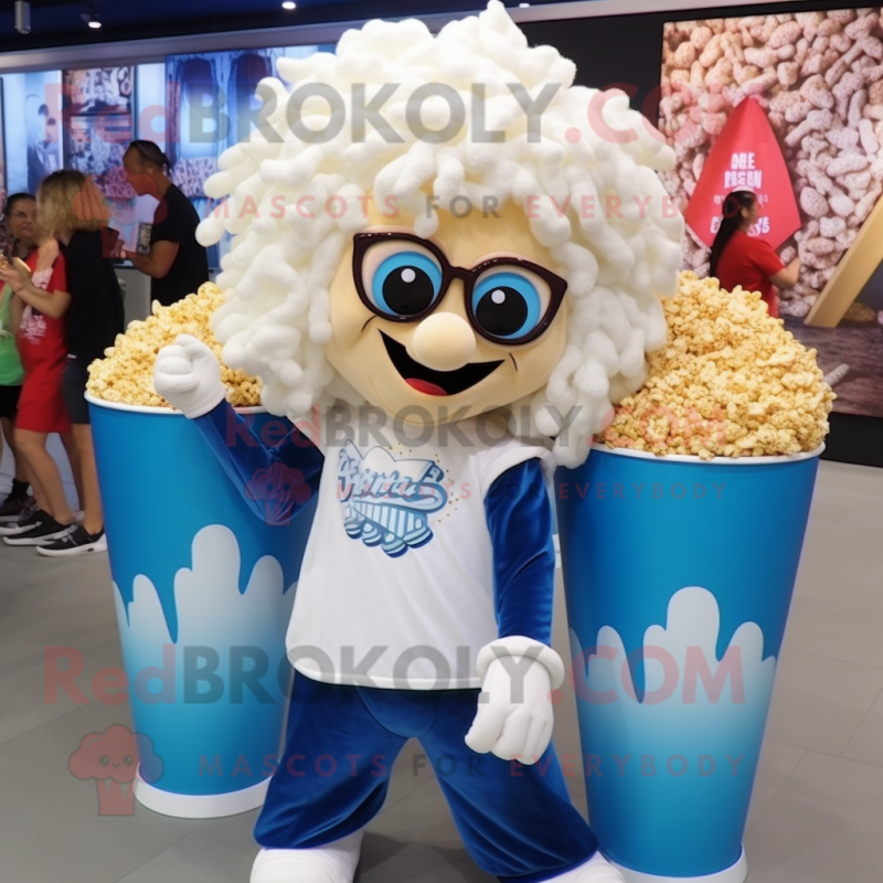 White Pop Corn mascot costume character dressed with a Flare Jeans and Headbands