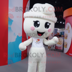 White Pop Corn mascot costume character dressed with a Flare Jeans and Headbands