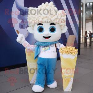 White Pop Corn mascot costume character dressed with a Flare Jeans and Headbands