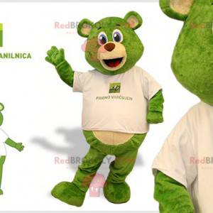 Green and beige teddy bear mascot with blue eyes -