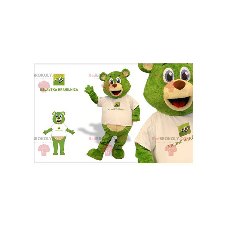 Mascotte orsacchiotto verde e beige con gli occhi azzurri -