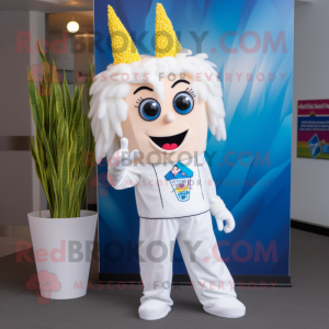 White Pop Corn mascot costume character dressed with a Flare Jeans and Headbands