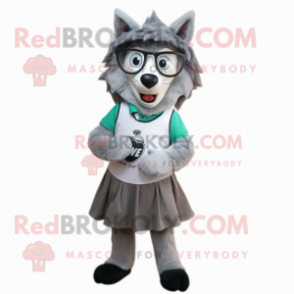 Gray Say Wolf mascot costume character dressed with a A-Line Skirt and Eyeglasses