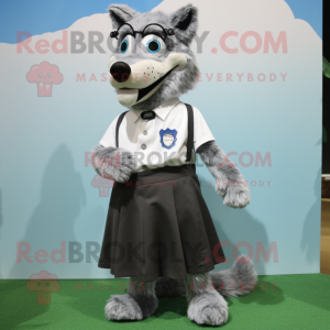 Gray Say Wolf mascot costume character dressed with a A-Line Skirt and Eyeglasses