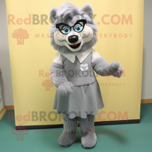 Gray Say Wolf mascot costume character dressed with a A-Line Skirt and Eyeglasses