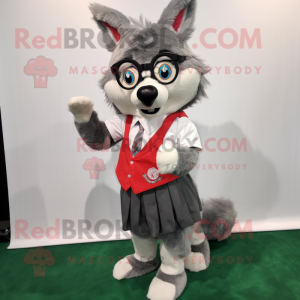 Gray Say Wolf mascot costume character dressed with a A-Line Skirt and Eyeglasses