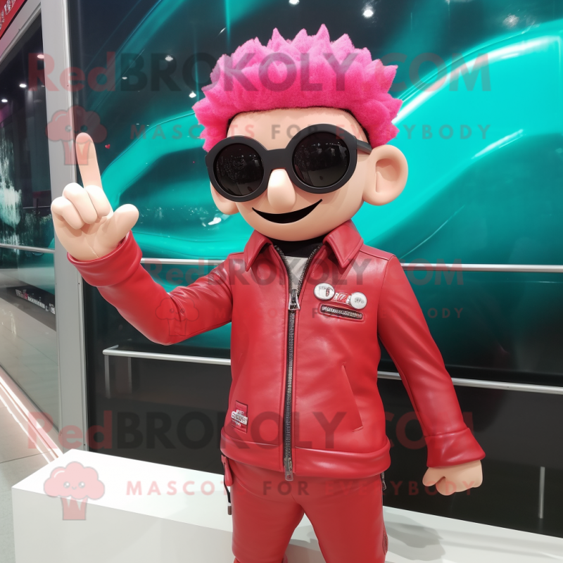 Red Pink mascot costume character dressed with a Leather Jacket and Eyeglasses Red Pink mascot costume character dressed with a Leather Jacket and Eyeglasses