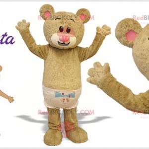 Beige bamse maskot med en frakke. Kæmpe bamse - Redbrokoly.com