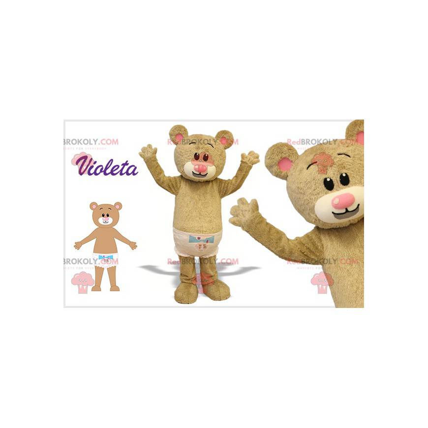 Beige bamse maskot med frakk. Kjempebamse - Redbrokoly.com