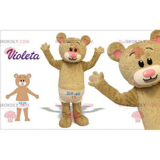Beige teddy bear mascot with a coat. Giant teddy bear -
