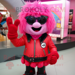 Red Pink mascot costume character dressed with a Leather Jacket and Eyeglasses