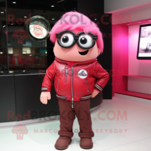 Red Pink mascot costume character dressed with a Leather Jacket and Eyeglasses