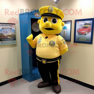 Yellow Police Officer mascot costume character dressed with a Baseball Tee and Tie pins