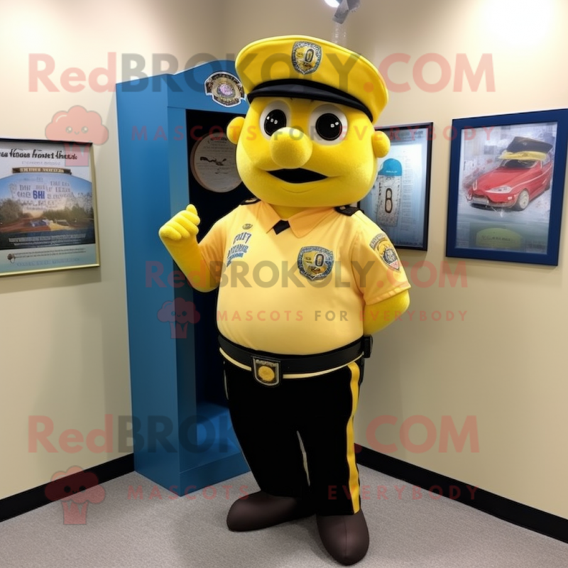 Yellow Police Officer mascot costume character dressed with a Baseball Tee and Tie pins Yellow Police Officer mascot costume character dressed with a Baseball Tee and Tie pins