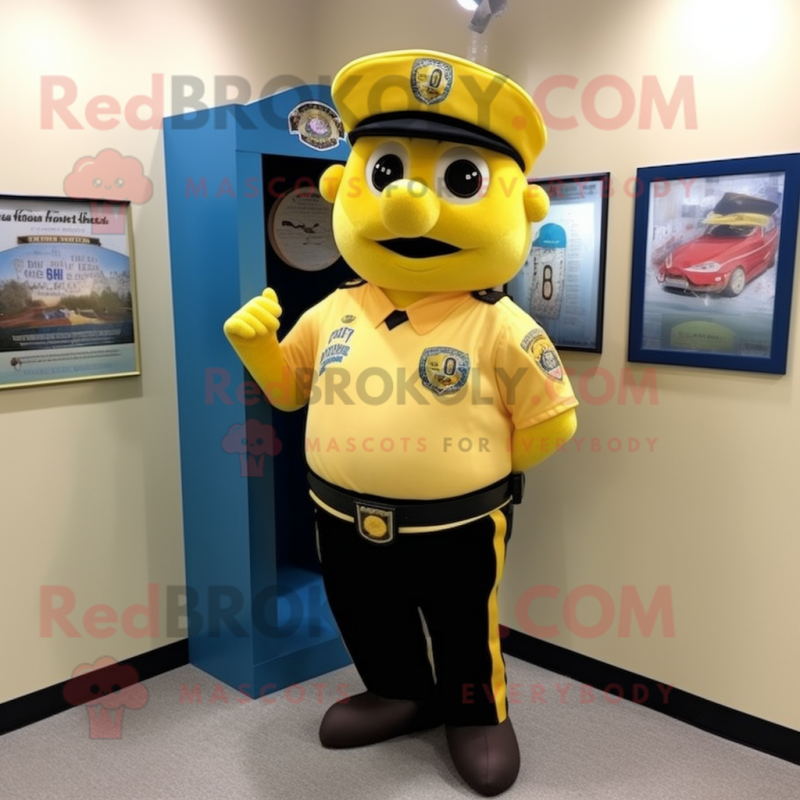 Yellow Police Officer mascot costume character dressed with a Baseball Tee and Tie pins