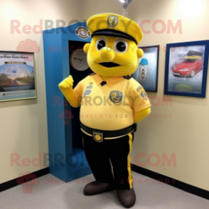 Yellow Police Officer mascot costume character dressed with a Baseball Tee and Tie pins