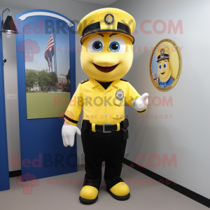 Yellow Police Officer mascot costume character dressed with a Baseball Tee and Tie pins