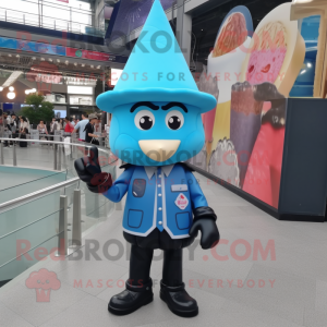 Cyan Ice Cream Cone mascot costume character dressed with a Leather Jacket and Berets