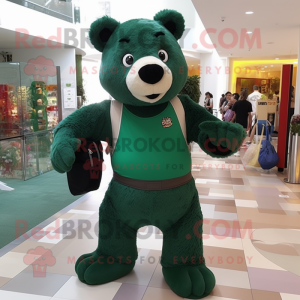 Forest Green Bear mascot costume character dressed with a Tank Top and Messenger bags