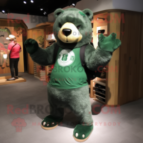 Forest Green Bear mascot costume character dressed with a Tank Top and Messenger bags