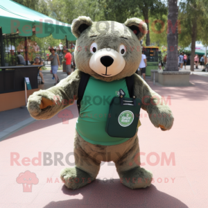 Forest Green Bear mascot costume character dressed with a Tank Top and Messenger bags