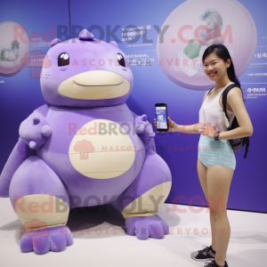 Lavender Glyptodon mascot costume character dressed with a One-Piece Swimsuit and Smartwatches