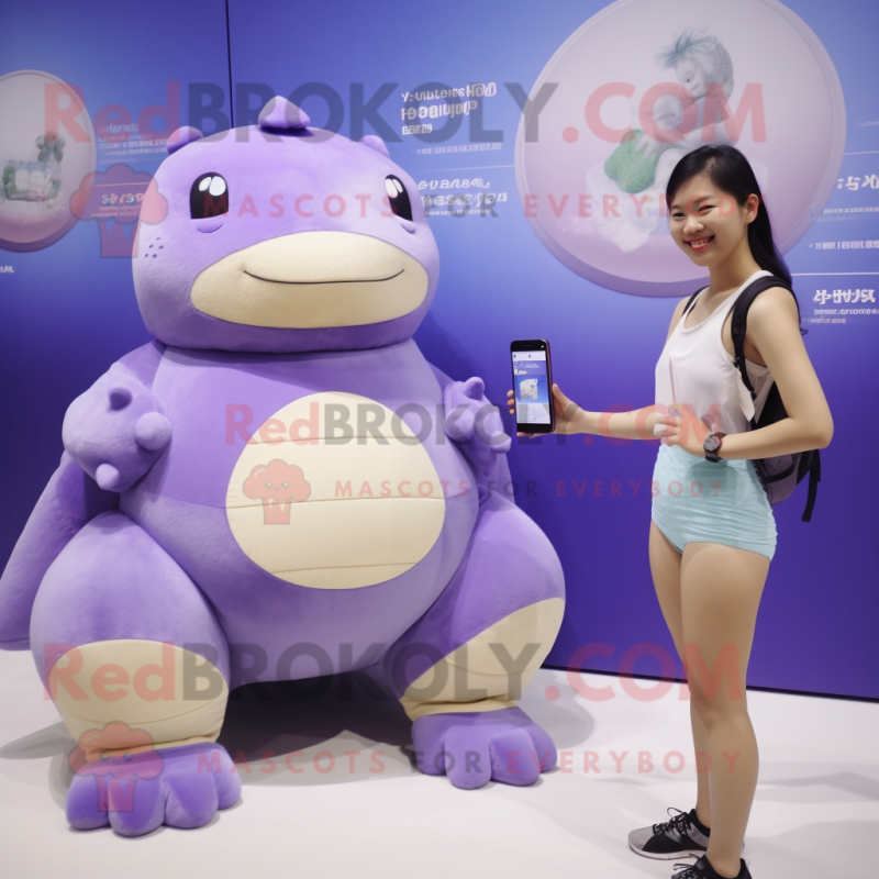 Lavender Glyptodon mascot costume character dressed with a One-Piece Swimsuit and Smartwatches Lavender Glyptodon mascot costume character dressed with a One-Piece Swimsuit and Smartwatches
