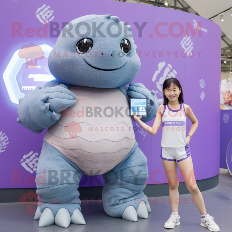 Lavender Glyptodon mascot costume character dressed with a One-Piece Swimsuit and Smartwatches Lavender Glyptodon mascot costume character dressed with a One-Piece Swimsuit and Smartwatches