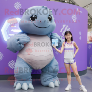 Lavender Glyptodon mascot costume character dressed with a One-Piece Swimsuit and Smartwatches