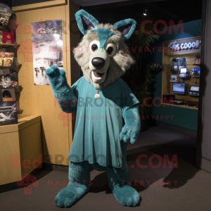 Teal Dingo mascot costume character dressed with a Cover-up and Hairpins