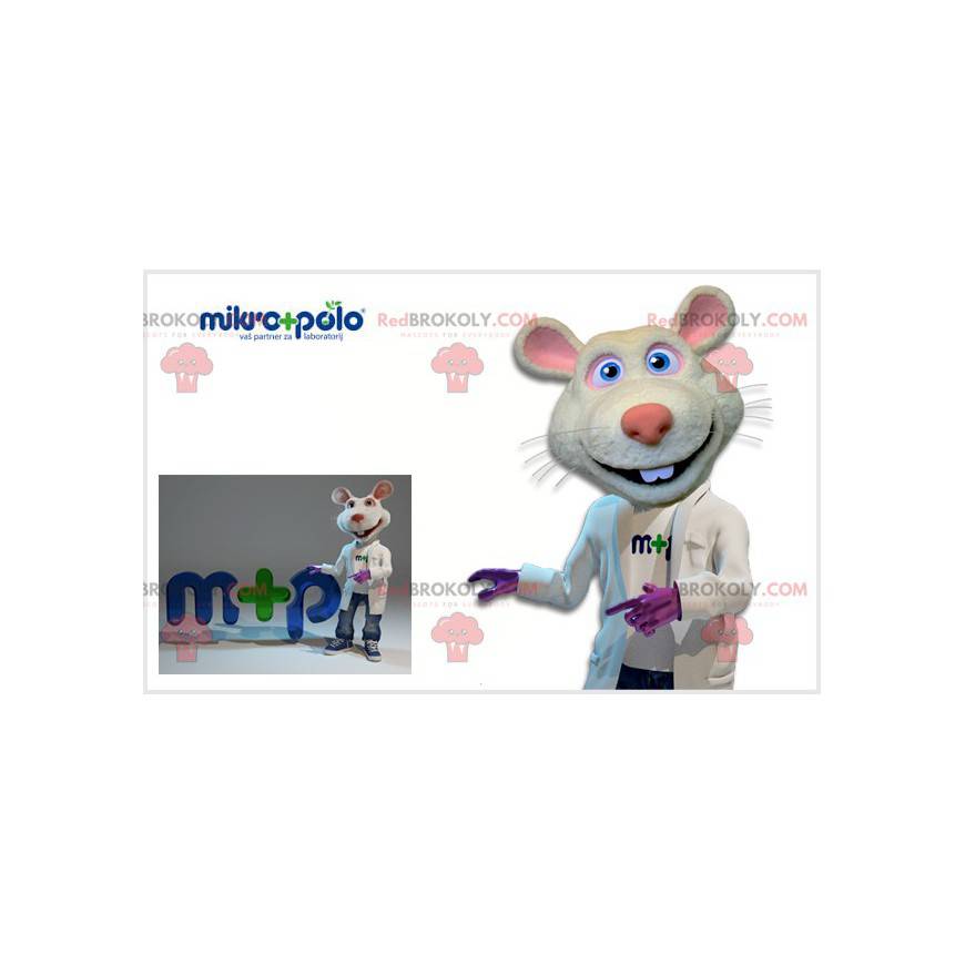 Mascotte di ratto bianco e rosa con un camice bianco - Mascotte di ratto bianco e rosa con un camice bianco -