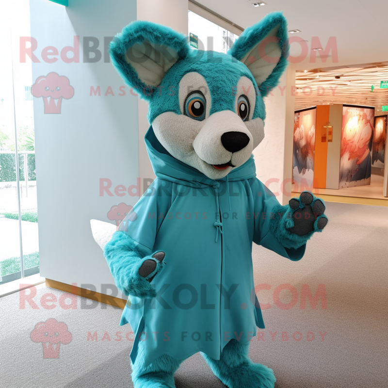Teal Dingo mascot costume character dressed with a Cover-up and Hairpins Teal Dingo mascot costume character dressed with a Cover-up and Hairpins