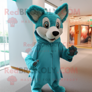 Teal Dingo mascot costume character dressed with a Cover-up and Hairpins