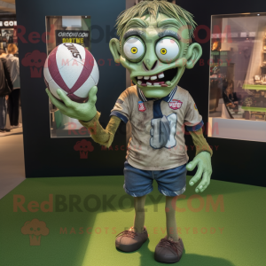 Olive Zombie mascot costume character dressed with a Rugby Shirt and Pocket squares