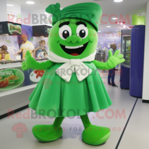 Green Goulash mascot costume character dressed with a A-Line Dress and Bow ties